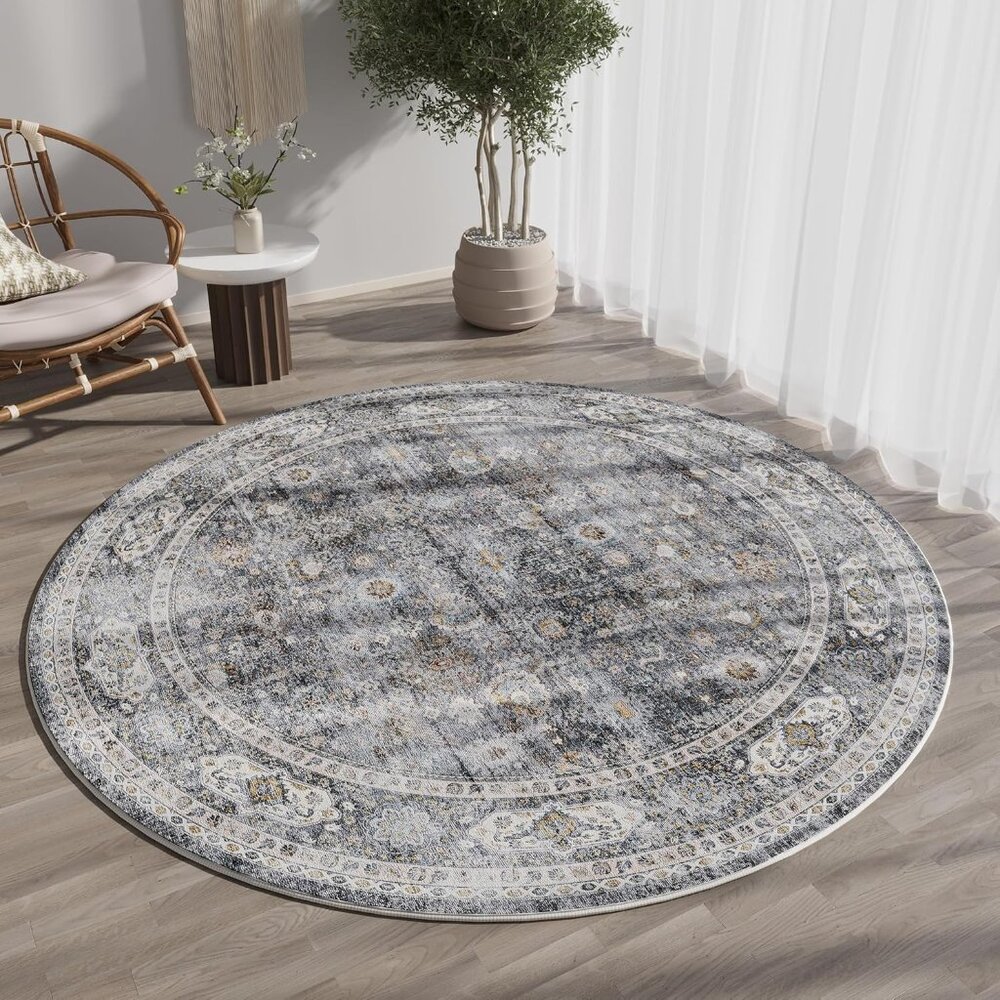 New 4ft Washable Grey Circular Rug, Non-Slip Low Pile Carpet for Bedroom & Dorm